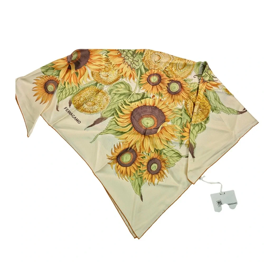 Ferragamo Womens Sunflower Silk Scarf OS Ivory/Yellow Square Foulard Italy NWT